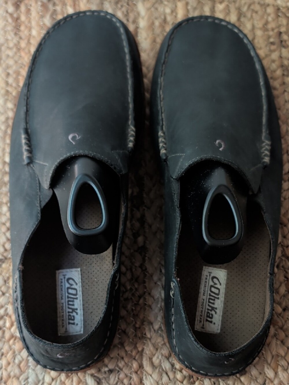 OluKai Men's Black Moloa Leather Slip-On Loafers - Picture 6 of 12